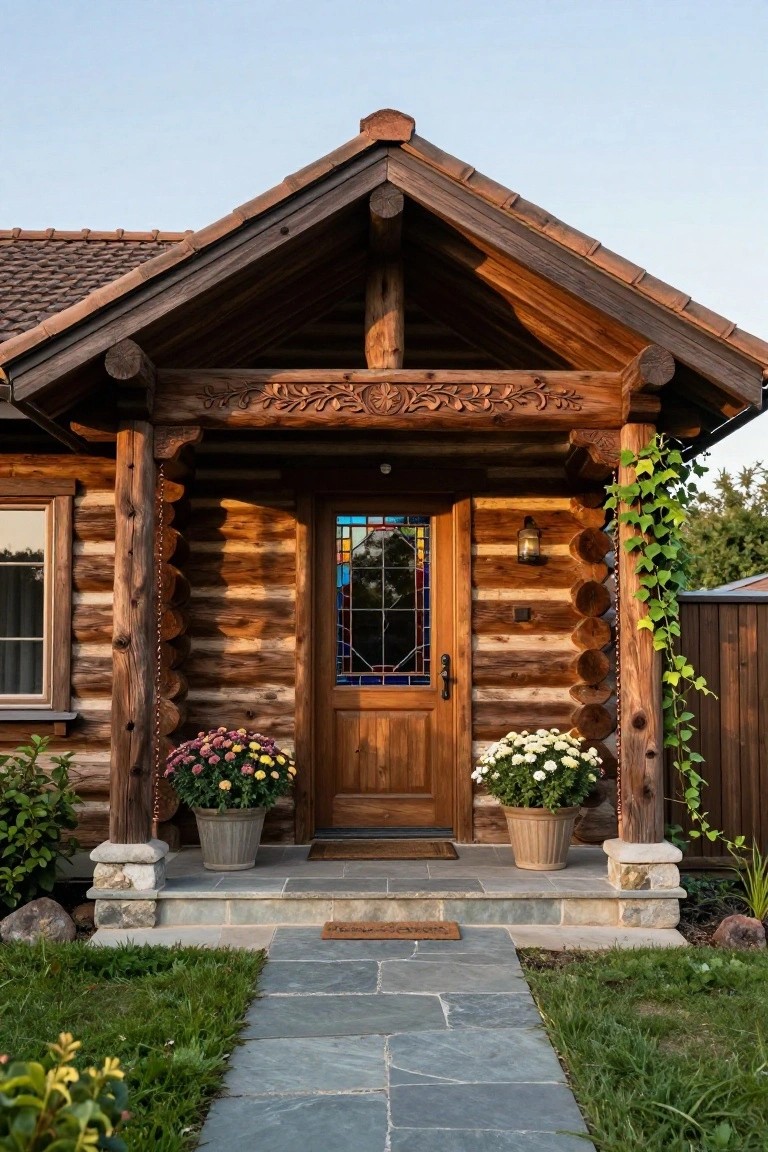Front view of a log cabin home with a wooden porch supported by carved posts and brackets, a stained glass door, potted flowers on the steps, ivy on one post, and a slate stone path leading from grass to the entry.