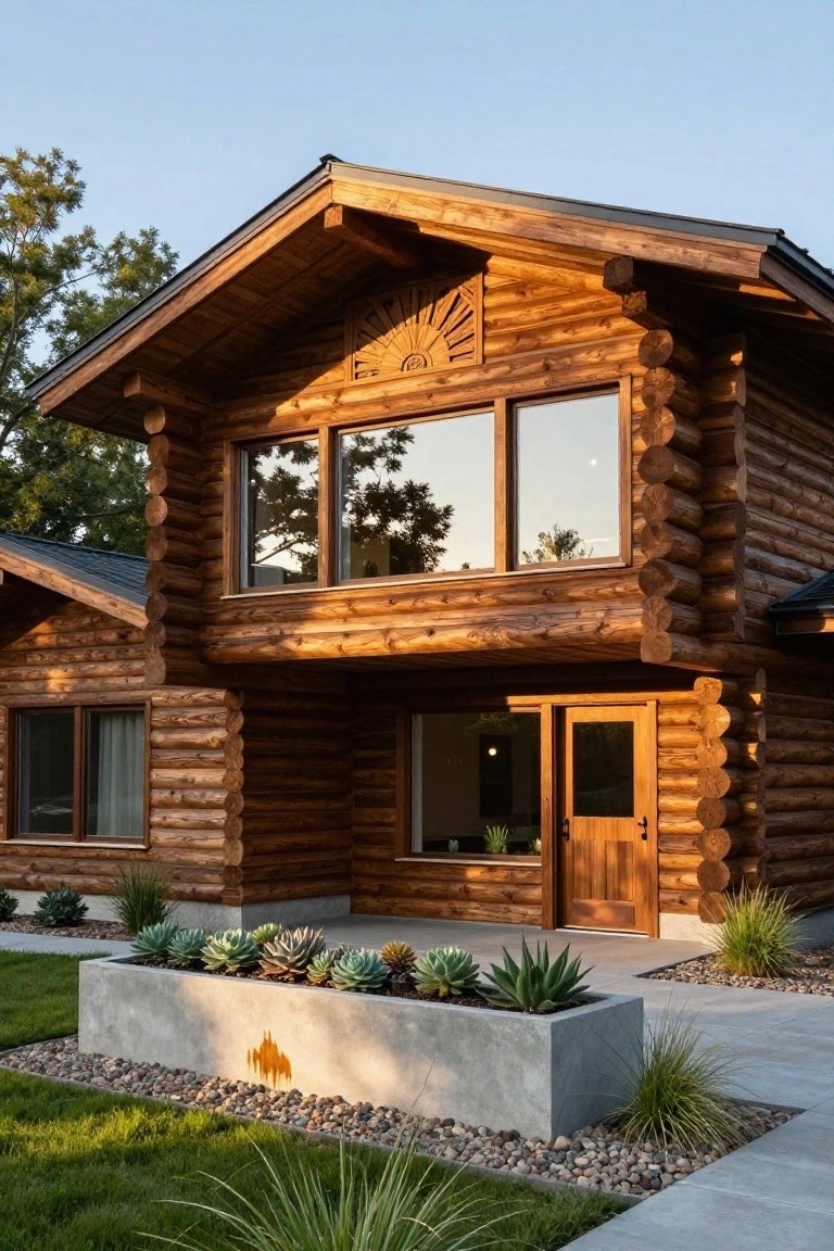 Two-story log cabin exterior with round logs, gabled roof, carved sun decoration above large upper windows, wooden front door, concrete planter filled with succulents, gravel and grass landscaping.