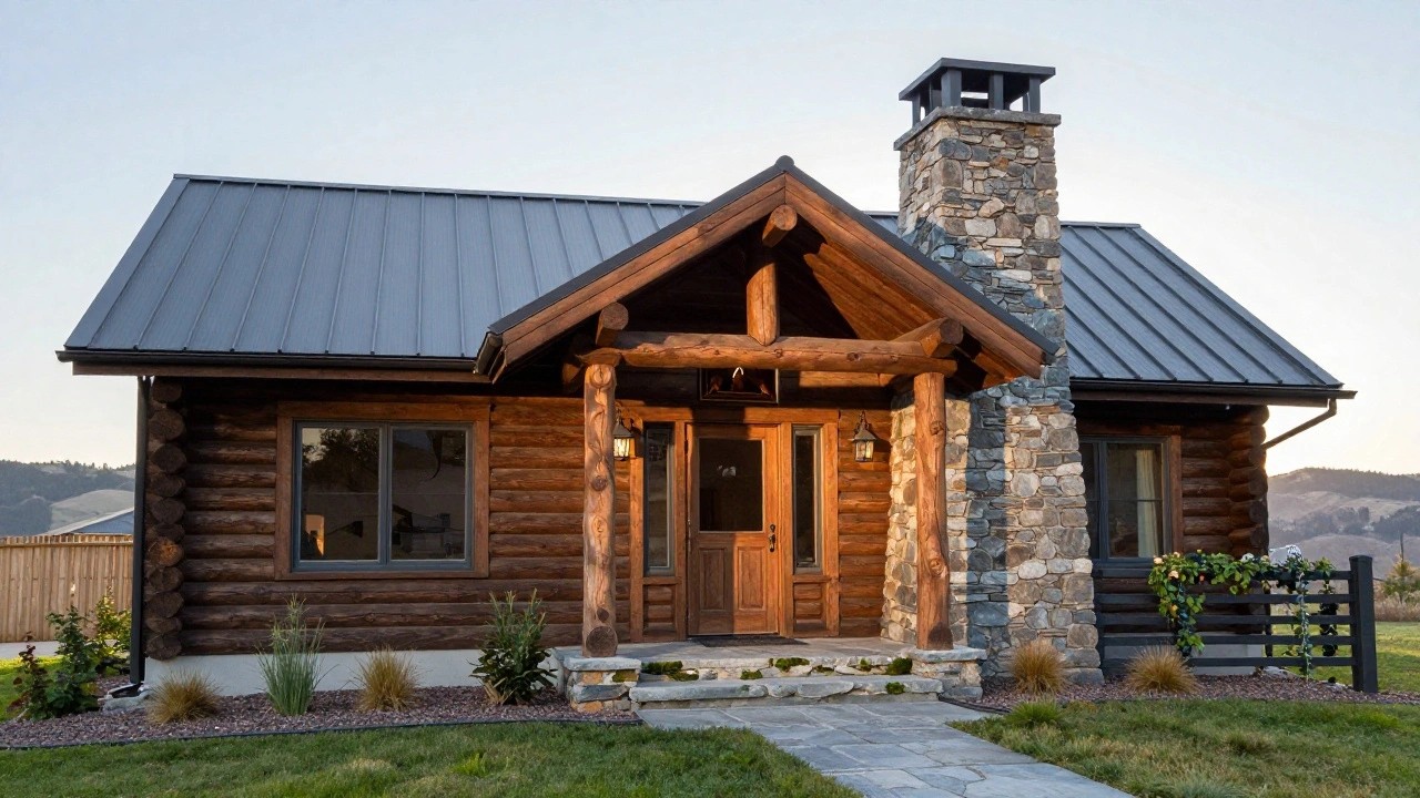 Log cabin house exterior with covered front porch, wooden door, lanterns, stone steps and base, metal roof, grasses, and gravel path in a rural setting.