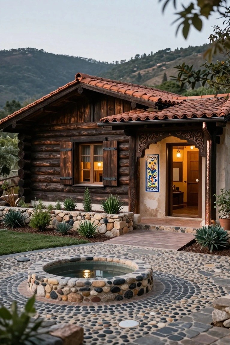 Log cabin exterior with dark wood logs, red barrel tile roof, ornate carved wooden archway over the stucco entry door, colorful blue and yellow tile panel on the wall, copper downspout, stone fire pit in pebble patio, agave plants, and mountain backdrop at dusk.