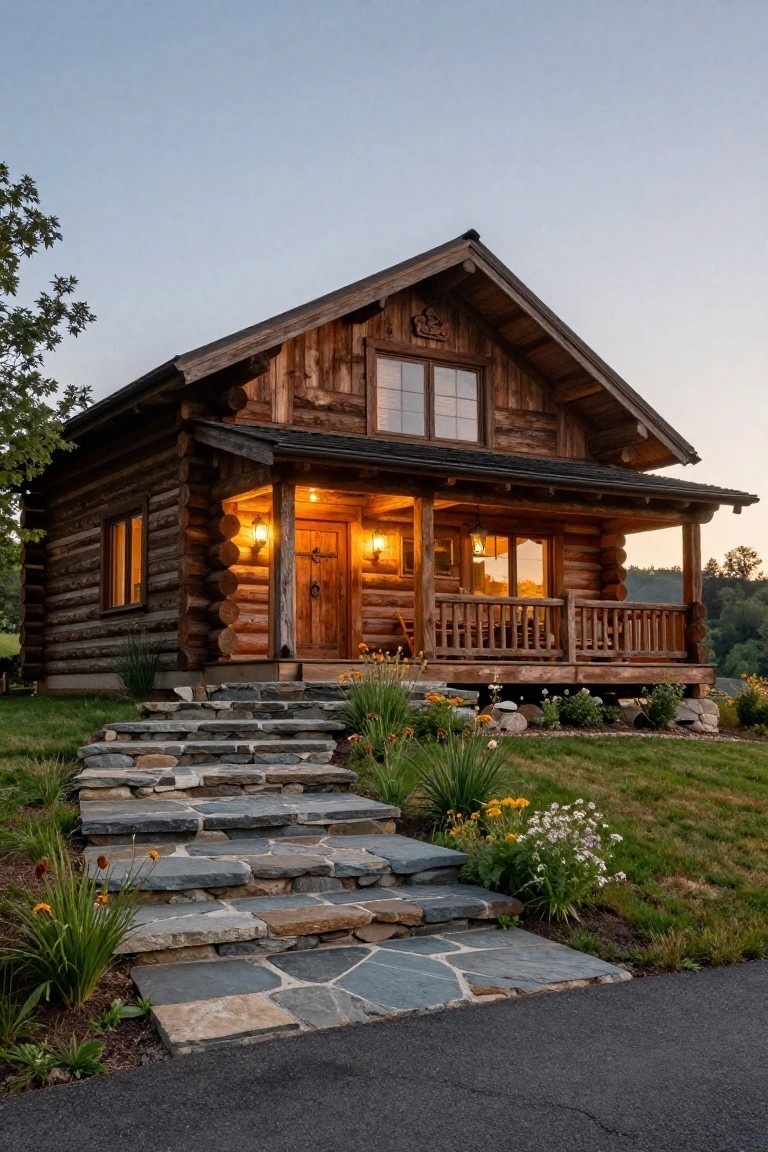 Wooden log cabin with covered front porch, hanging lanterns, wooden door and windows, flagstone steps with plants along the sides, at dusk.