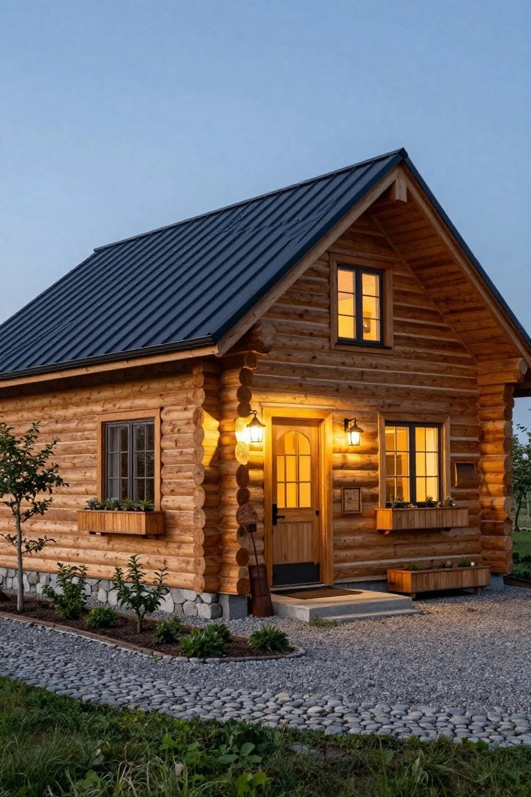 Small gabled log cabin with dark standing-seam metal roof, round log walls, lit wooden entry door flanked by lanterns, flower boxes under windows, stone foundation, gravel path, and low plants at dusk.
