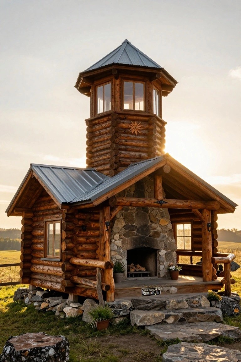 Small log cabin with octagonal wooden tower, metal roof, covered porch featuring stone fireplace, stone steps, and surrounding rocks and grass.