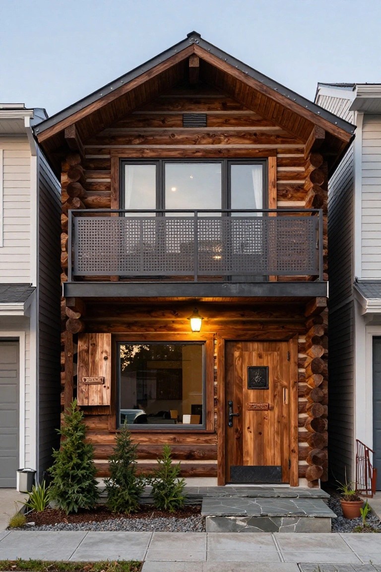Two-story log home exterior featuring horizontal wooden logs, a black metal balcony with railing, large windows, wooden front door with shutters, lantern light, small evergreen trees, stone entry steps, and adjacent garages of neighboring homes on a paved driveway.