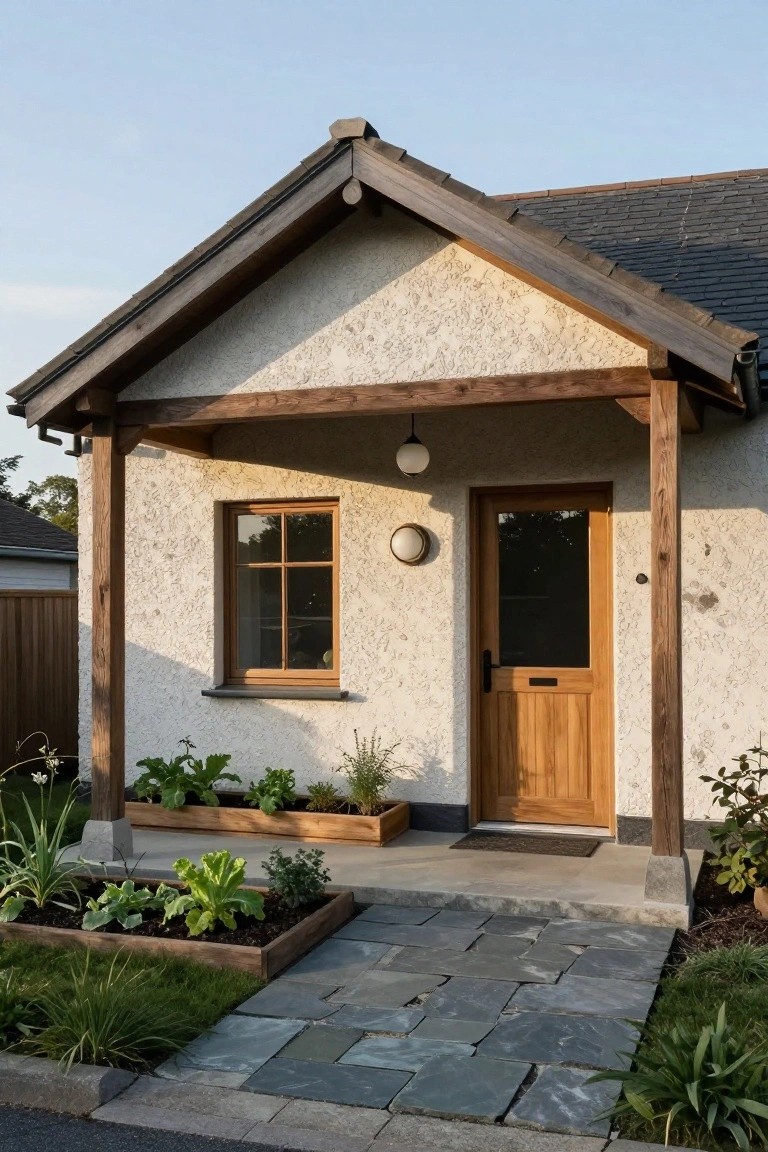Front view of a small single-story house with light-colored rendered walls, dark slate roof, covered porch supported by thick timber posts and beams, wooden front door, small window, wall lights, raised wooden planter boxes with vegetables and herbs, and a stone path leading to the entry.