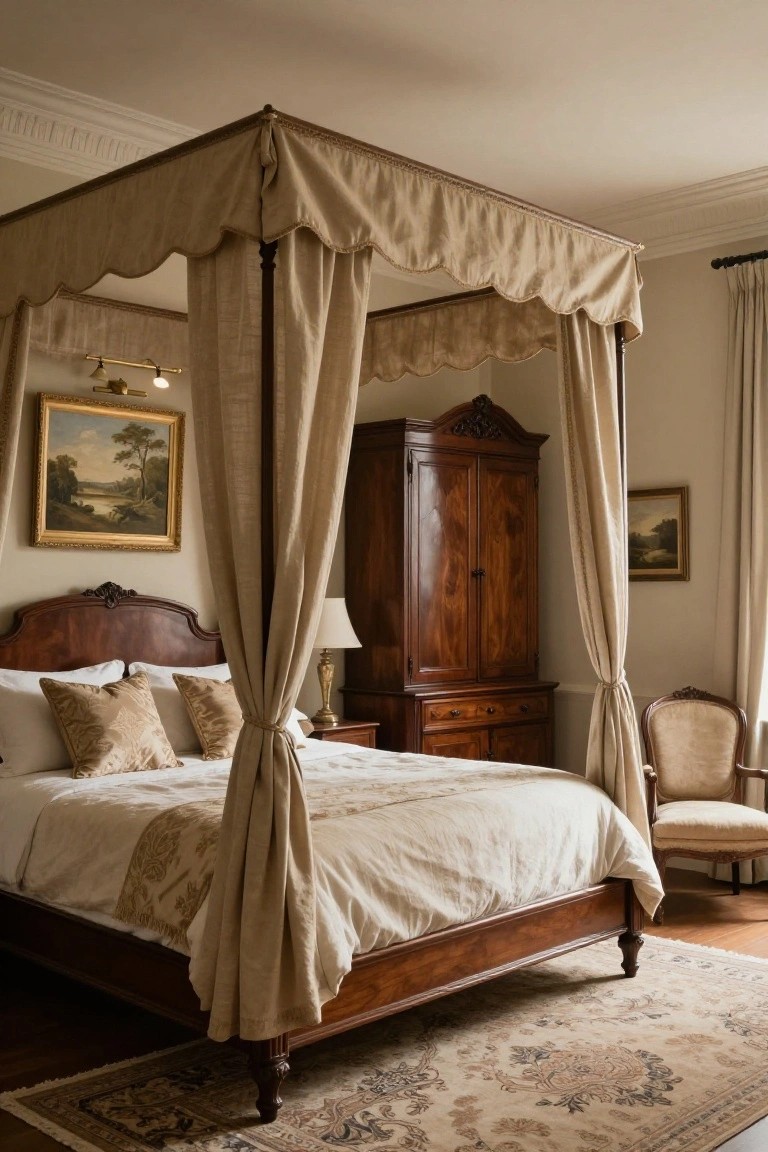 A bedroom interior with a tall wooden four-poster bed draped in beige fabric, a matching carved wardrobe, landscape paintings on walls, a bedside lamp, and a beige armchair on a patterned rug.