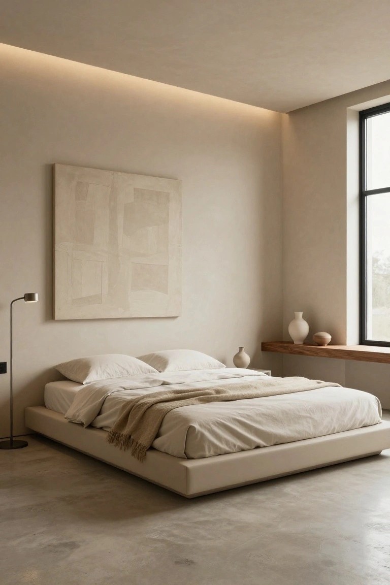 Minimalist bedroom in beige tones with low platform bed draped in white sheets and beige throw, large beige abstract wall art, black adjustable floor lamp, polished concrete floor, wooden window sill with white and beige ceramic vases, and soft recessed ceiling LED lighting.