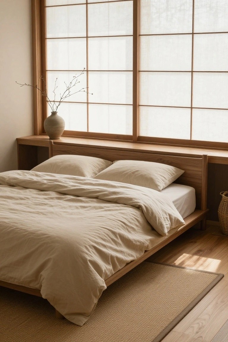 A minimalist beige bedroom with a low natural wood platform bed covered in beige linens, flanked by wooden built-in shelves holding a ceramic vase with branches and a seagrass basket, next to shoji screen windows and hardwood floors.