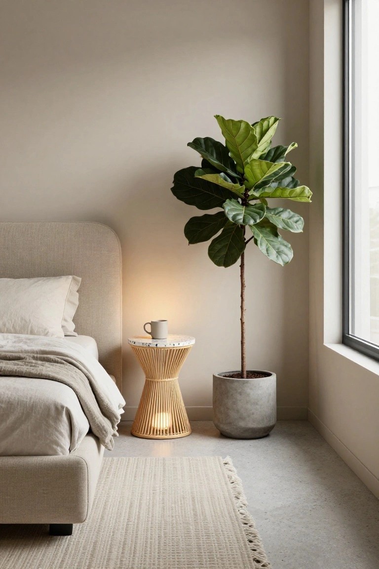 Beige bedroom featuring an upholstered bed with white linens, woven rattan nightstand topped with a lamp and mug, tall fiddle leaf fig plant in a gray concrete pot next to a large window, neutral rug on a concrete floor.