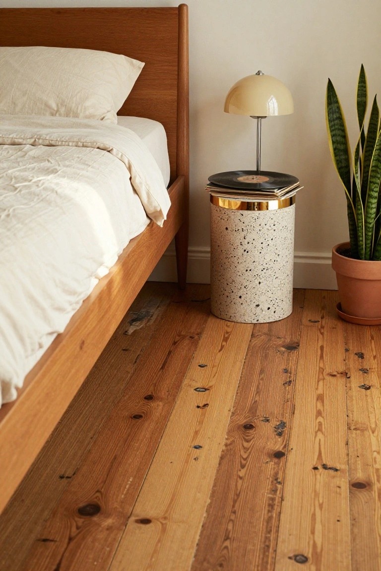 Wooden bed frame with beige linen bedding in a bedroom, terrazzo stool holding stacked vinyl records as bedside table, cream lamp, and potted snake plant on hardwood floor.