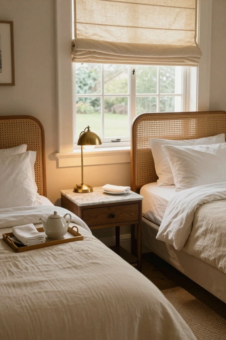 A light beige bedroom with two twin beds featuring rattan headboards, white pillows and linens, a wooden nightstand with marble top holding a gold lamp and wooden tray with teapot and napkin between the beds, next to a window with beige roman shades and greenery outside.