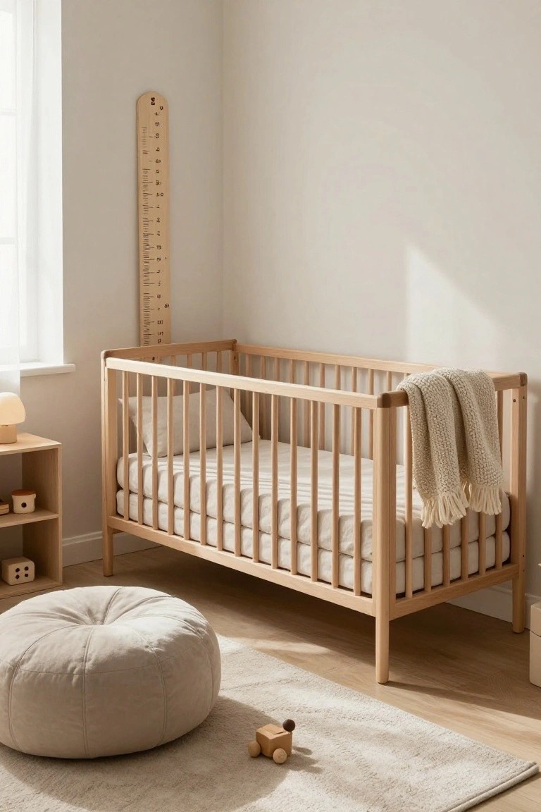 A minimalist beige nursery with a light wooden crib holding beige bedding and a draped cream blanket, a matching wooden height chart on the wall, cream pouf on the floor, wooden shelf with toys, and beige rug.