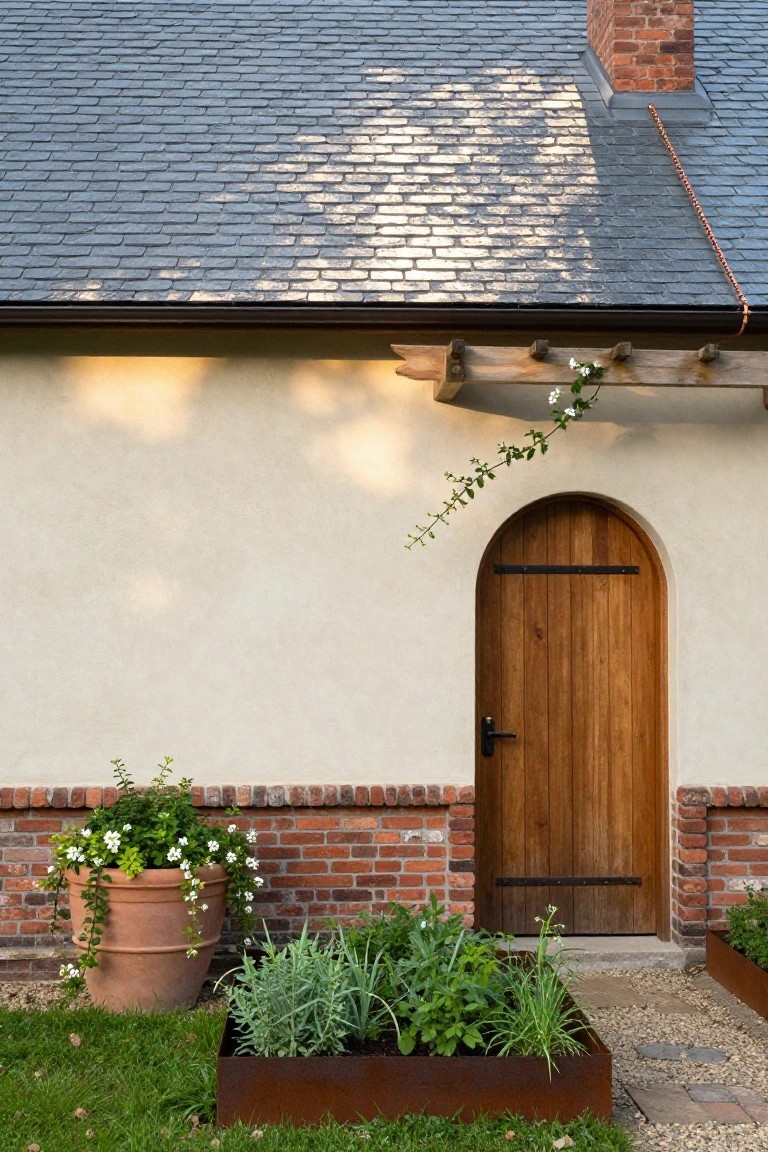 Beige stucco house exterior with dark slate roof, red brick chimney and base accents, wooden arched door with black handle, wooden pergola overhead with vines, large terracotta planter with white flowers, and rusted metal raised garden beds with herbs on a gravel path and green lawn.