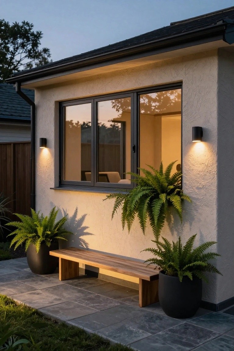 Beige stucco exterior wall of a house with a large black-framed sliding window, two black cylindrical wall-mounted lights, two large black pots with ferns flanking a simple wooden bench on gray slate pavers, surrounded by grass and a wooden fence at dusk.