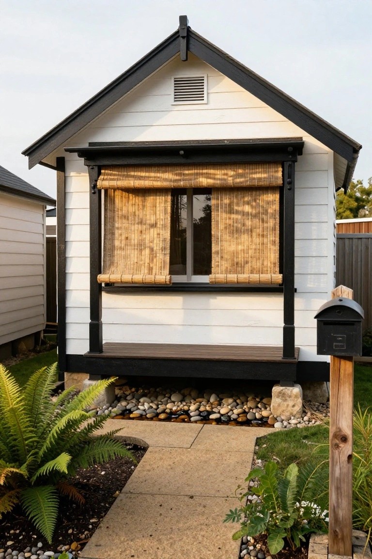 Small white gabled cottage exterior with black trim on roof eaves and window frame covered by bamboo shades, elevated wooden deck, black mailbox, ferns, pebbles, and stone path in front yard.