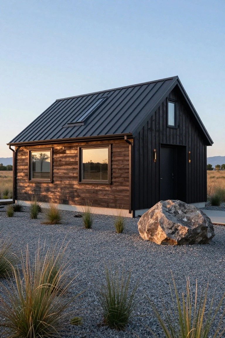 A small gabled cottage with dark vertical wood siding, standing-seam metal roof, large windows, black front door with lights, on a gravel base with grasses and a large boulder nearby, mountains and fields in background at sunset.