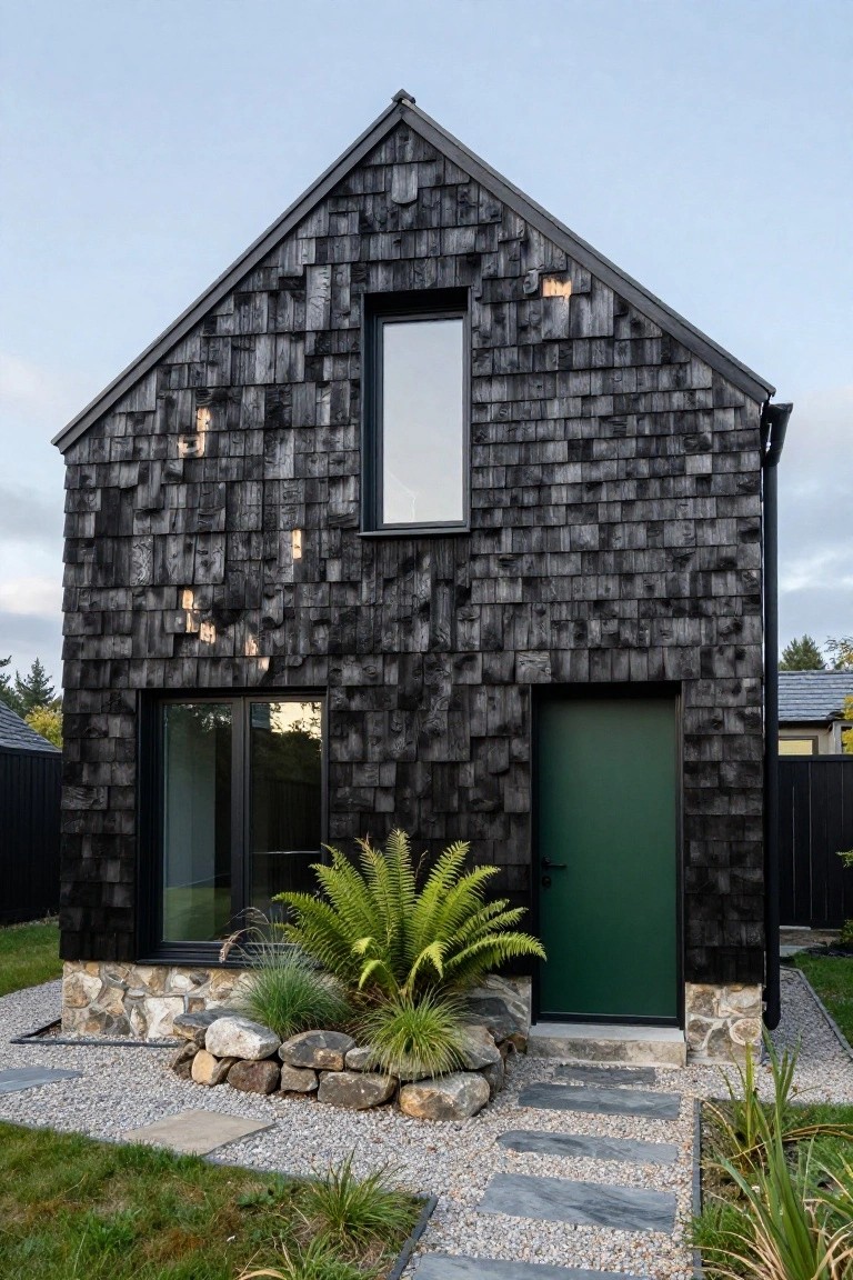A small modern cottage exterior with dark charred wood shingle siding, gabled roof, tall narrow window, large side window, green front door, stone base, gravel path, stepping stones, rocks, ferns, and grass in a garden setting.