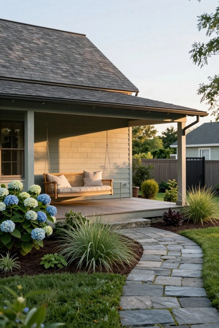 Gray shingled cottage exterior with light green siding and wooden porch holding a hanging rattan swing with cushions, flanked by blue hydrangeas and ornamental grasses beside a curving flagstone path in a grassy yard.