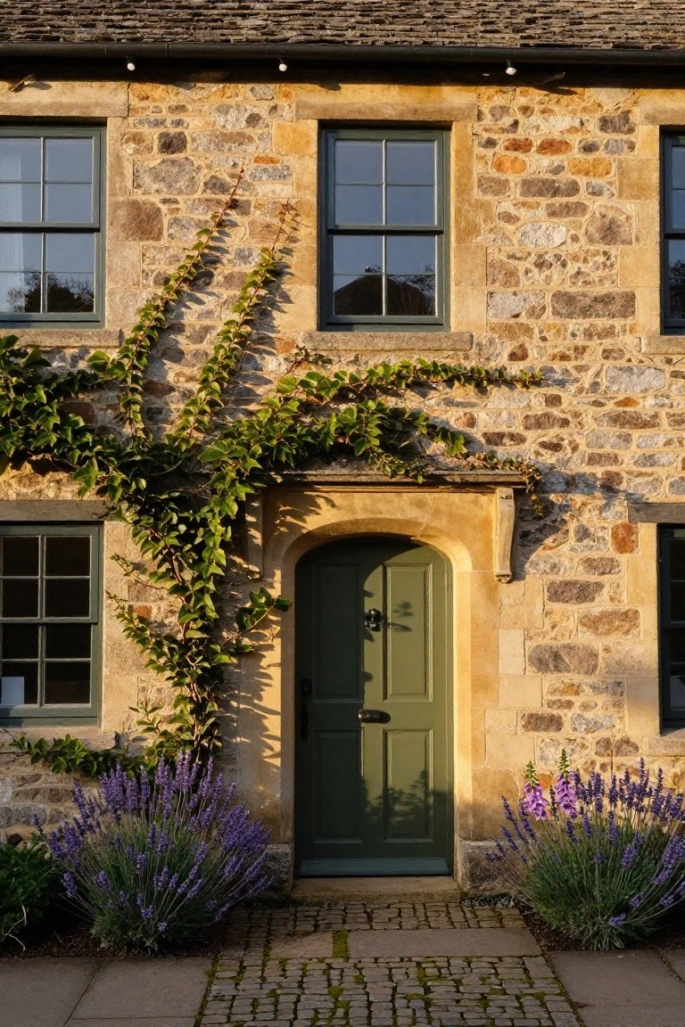 A two-story stone cottage exterior covered in climbing ivy on the walls, with an arched green wooden front door, lavender bushes flanking the entry, and a cobblestone path leading up to it.