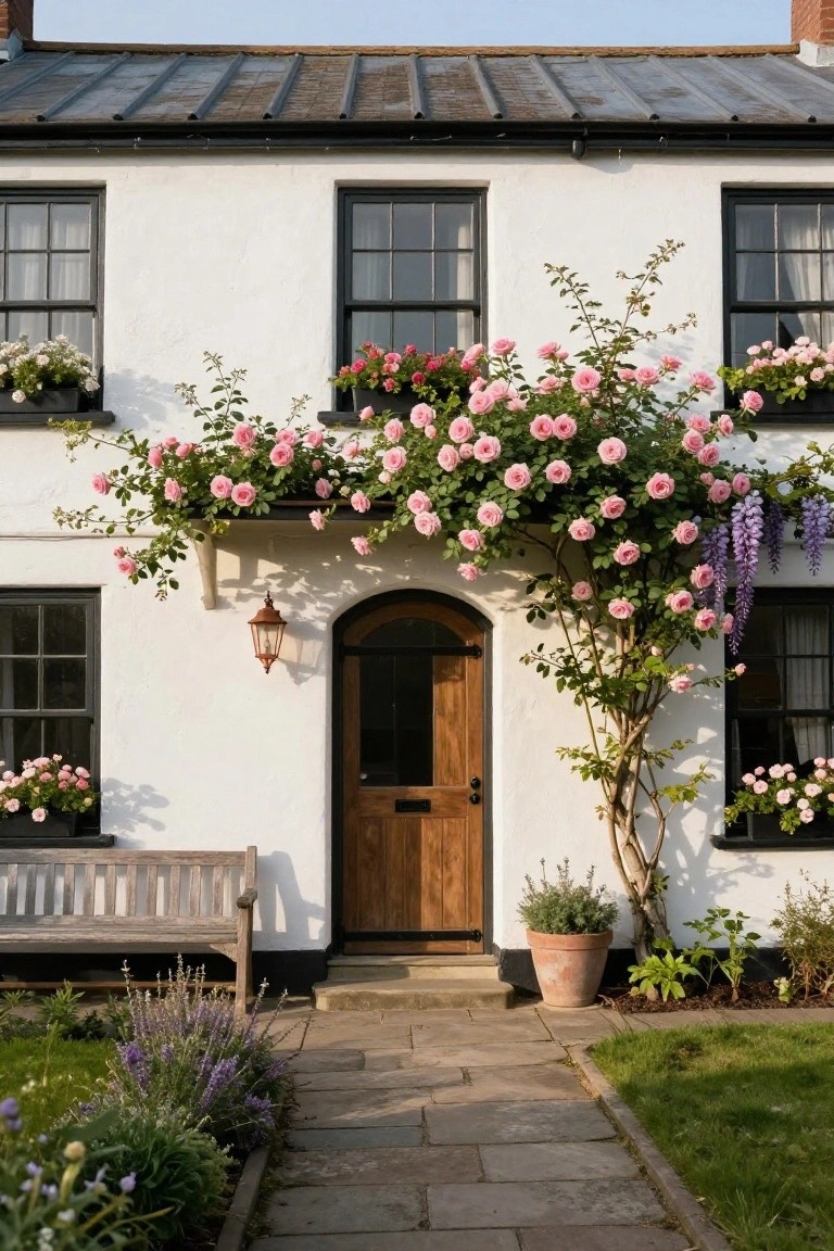 White cottage house exterior with black window frames, arched wooden front door, abundant pink climbing roses and purple wisteria on the facade, wooden bench, potted plants, lavender border, and stone pathway.