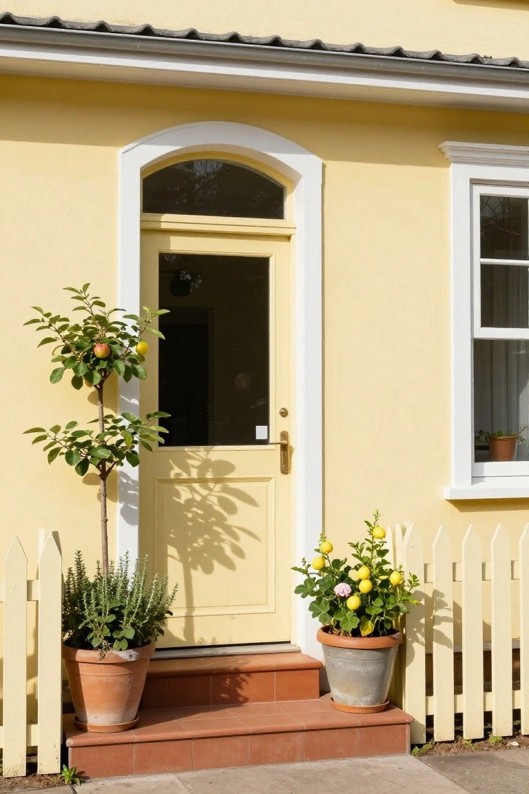 Pale yellow house exterior featuring an arched yellow front door with glass panel, flanked by a potted apple tree and herb pot on one side, a potted lemon plant on the steps, white picket fence, and window beside the door.