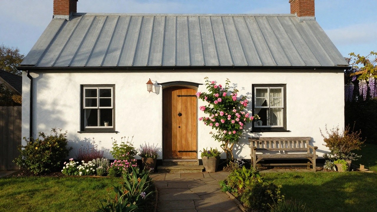 White cottage house exterior with black window frames, arched wooden front door, abundant pink climbing roses and purple wisteria on the facade, wooden bench, potted plants, lavender border, and stone pathway.