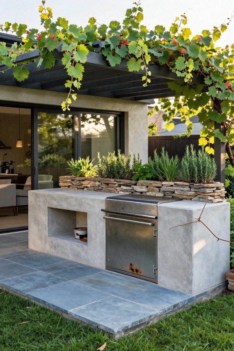 Outdoor concrete BBQ island with built-in stainless steel grill, topped by stone trough planters filled with herbs like rosemary and succulents, under vine-covered wooden pergola next to house sliding glass doors on bluestone pavers.