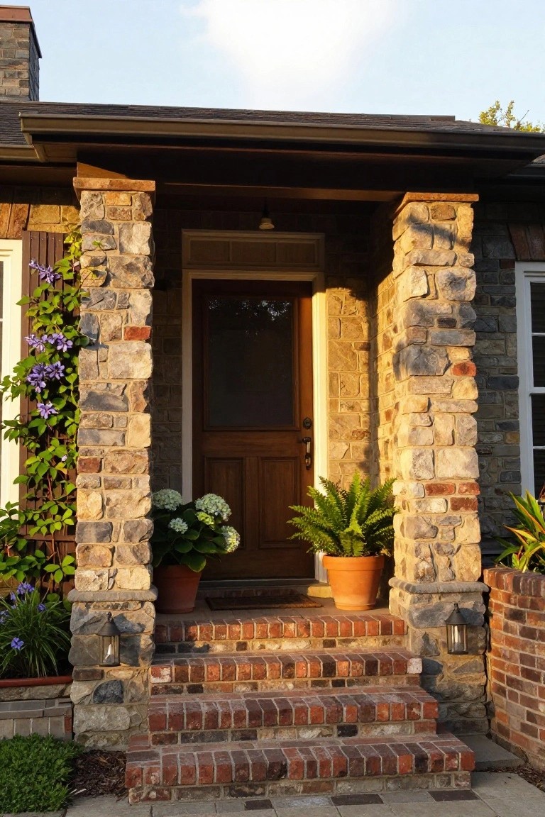 Front porch of a house with tall stone pillars entwined with purple flowering vines, flanked by potted white hydrangeas and ferns, a wooden screen door, brick steps, lanterns, and surrounding landscaping.