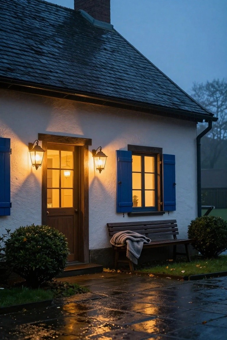 White stucco cottage exterior with slate roof, dark wooden door flanked by two lit lanterns, blue shutters on adjacent window, wooden bench with gray blanket nearby, wet stone pathway in twilight.