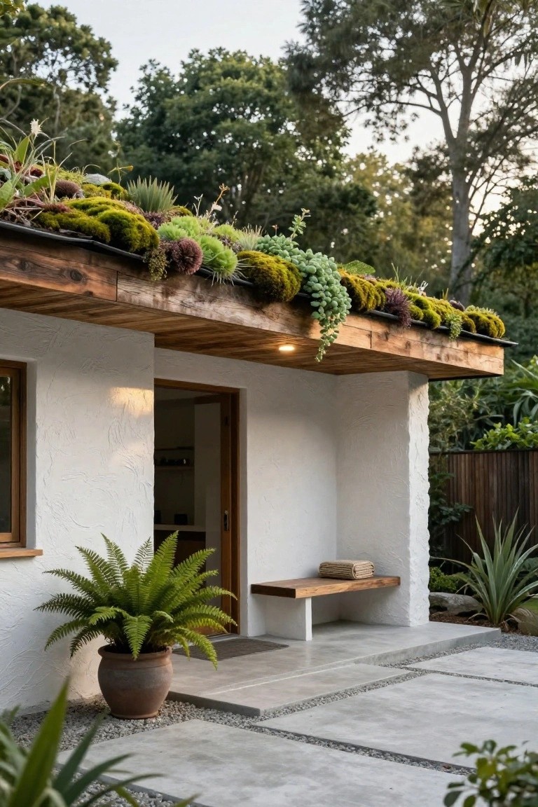 Small white stucco cottage with wooden roof overhang covered in moss, succulents, and green plants, entry door with bench, potted fern, and gravel patio surrounded by trees and agaves.