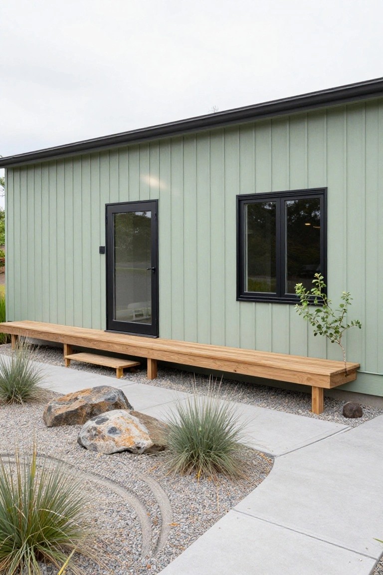 Small pale green board-and-batten cottage with black-framed glass door and window, long wooden bench along the side wall with step stool, and front gravel garden with ornamental grasses, rocks, and curved path.