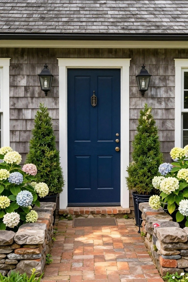 Weathered gray shingle house exterior with centered navy blue paneled front door, flanked by black lanterns, potted topiary trees, and colorful hydrangeas in pots, brick pathway, and low stone walls.