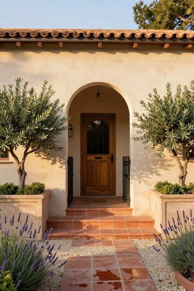 Beige stucco house facade with arched wooden front door flanked by two olive trees in square stone planters, terracotta steps, black metal gate, lavender plants, and gravel path.