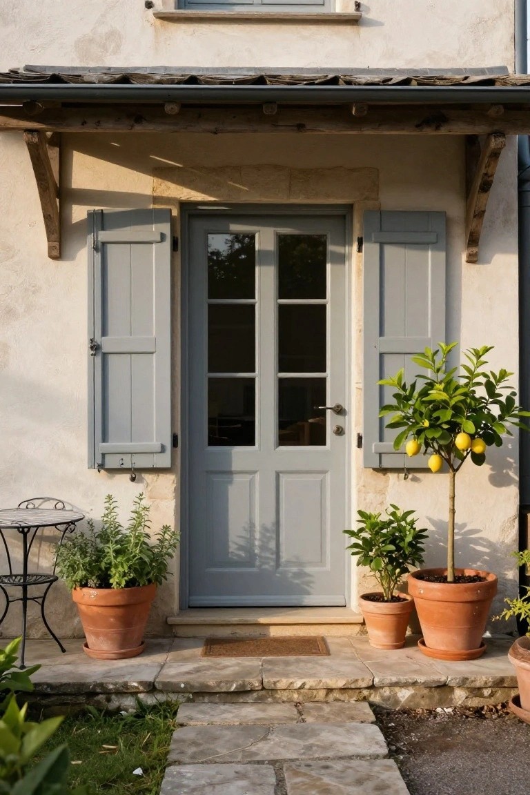 Beige stucco house facade with a gray paneled front door, open louvered gray shutters on each side, rustic wooden awning overhead, potted lemon tree and herbs on stone steps leading to the door.