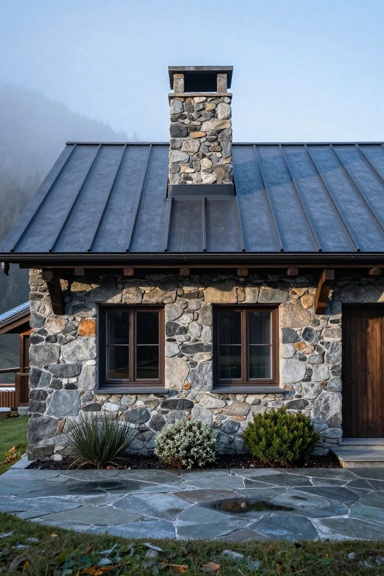 Small cottage exterior with irregular gray stone walls, dark metal standing-seam roof, tall stone chimney, wood-framed windows and door, front stone pavers with shrubs, misty forested mountains behind.