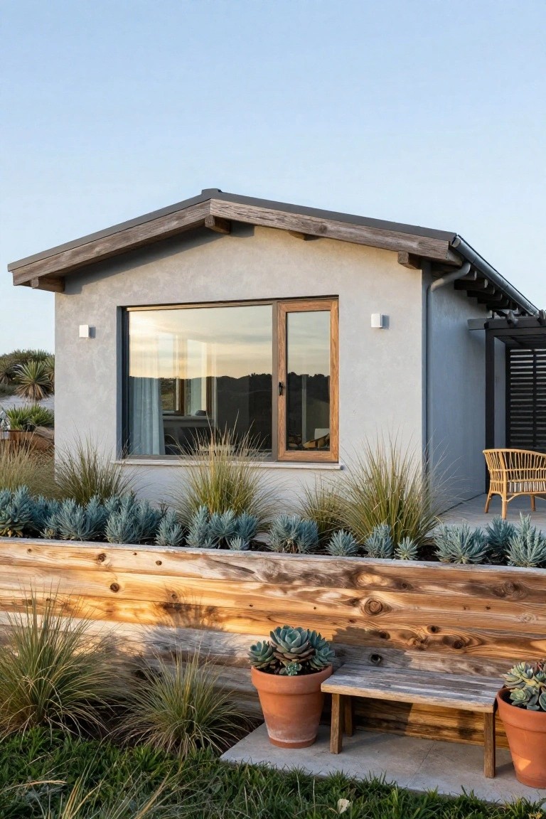 Small modern cottage with light gray stucco walls, large wooden-framed window and door, dark pitched roof, surrounded by native grasses, agave plants in raised wooden bed, potted succulents, and a wooden bench on concrete patio.