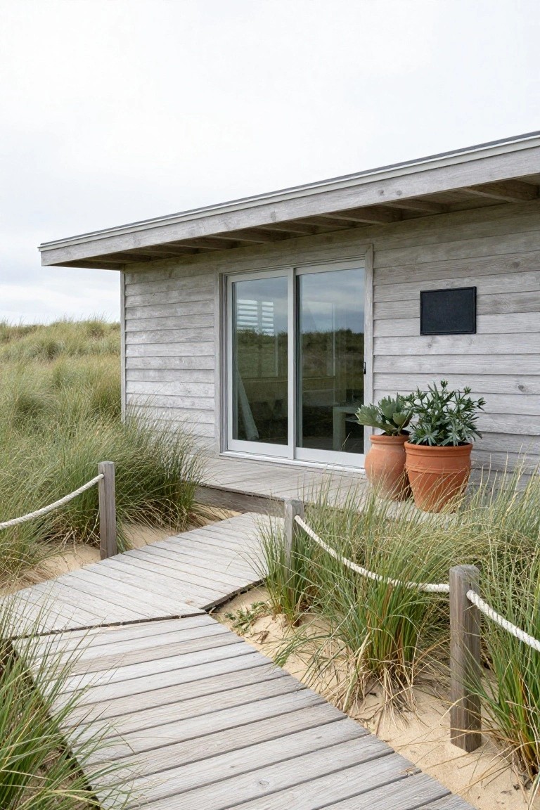 Gray weathered wooden cottage with horizontal siding, large sliding glass doors, two orange terracotta pots with plants on the deck, and a wooden boardwalk path through sand dunes and sea grass.