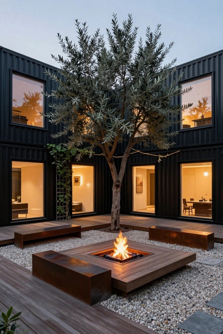 Black shipping container walls enclose a courtyard featuring a central olive tree, square fire pit with flames, corten steel benches, wooden decking, and white gravel ground cover.