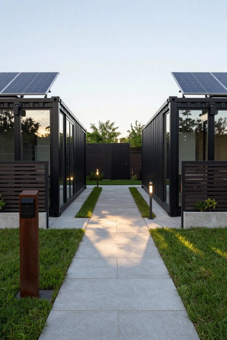 Two matte black shipping container homes positioned parallel across a straight gray stone pathway edged with grass strips, topped with solar panel arrays and featuring large glass walls and wooden slat screens.