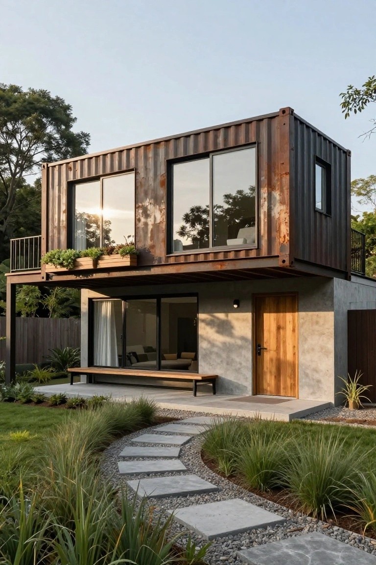 Two-story shipping container home with rusted corrugated metal upper walls, large reflective glass windows, overhanging wooden balcony with planter boxes, concrete ground level featuring sliding glass doors, wooden entry door, bench, and a curved stone path through grassy landscaping with ornamental grasses.
