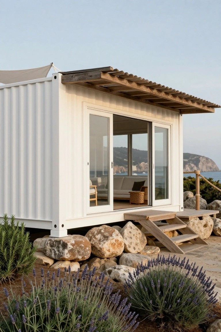 White shipping container home elevated on large rocks with slatted wooden roof overhang and entry steps, large sliding glass doors facing the ocean, surrounded by lavender plants and rope railing.