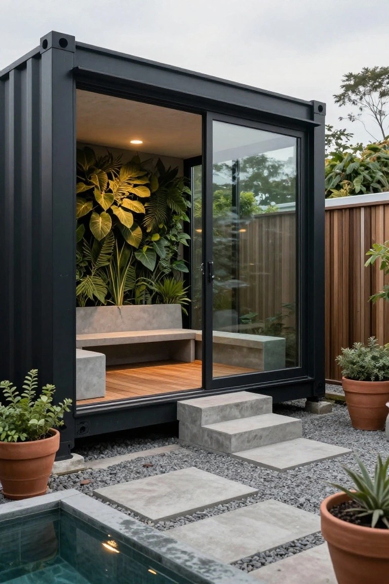 Black shipping container converted into a glass-fronted outdoor lounge with potted plants and vertical greenery inside, concrete bench, wooden deck floor, concrete steps, surrounded by gravel patio, potted plants, and small pool.