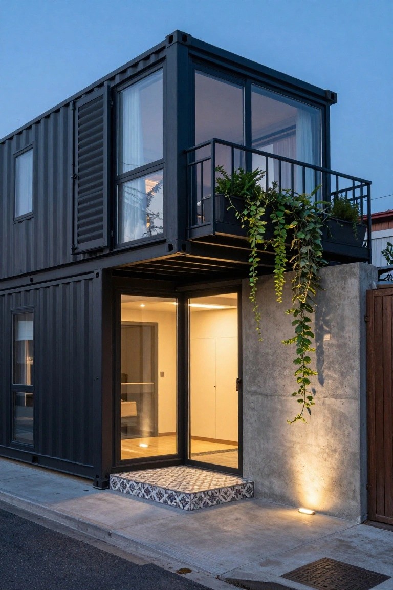 Exterior of a black two-story shipping container home at dusk with cantilevered upper level over glass entry doors on a concrete plinth, balcony with plants above, trailing vines on adjacent concrete wall, and tiled steps at the entrance.