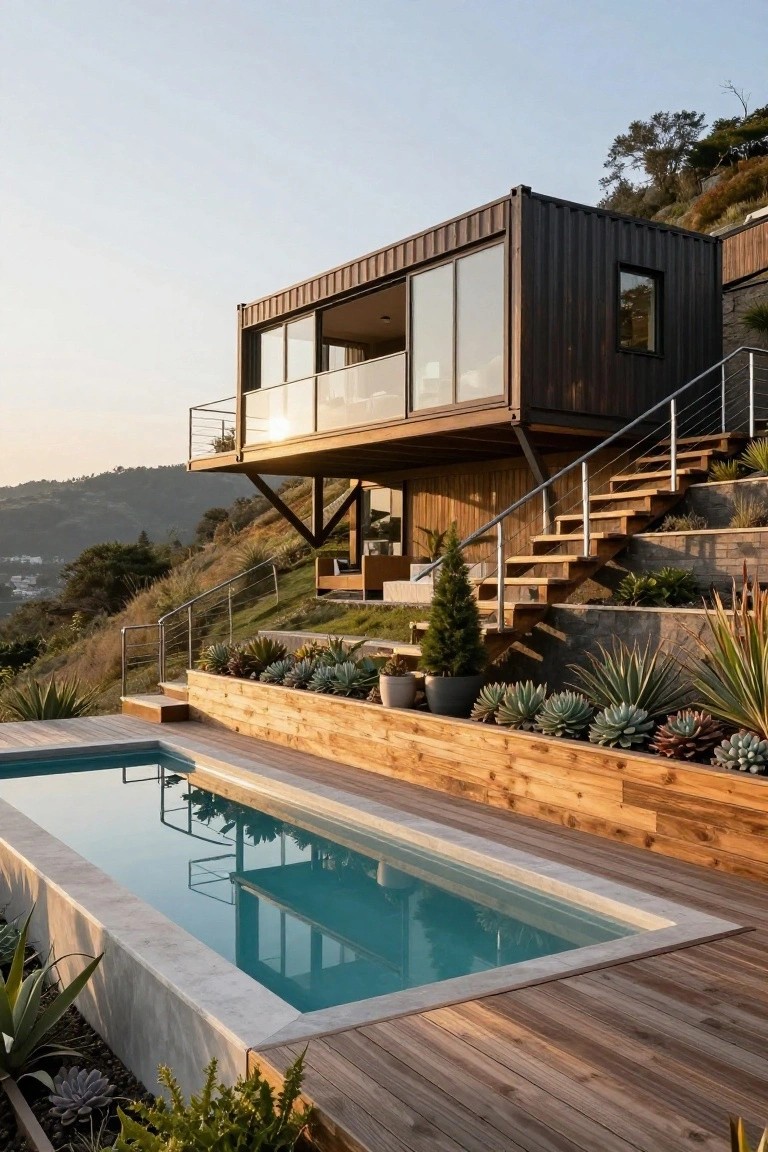 Dark shipping container home elevated on stilts above a rectangular infinity-edge pool on a hillside, featuring large glass walls, wooden railings and stairs, and surrounding succulent plantings.