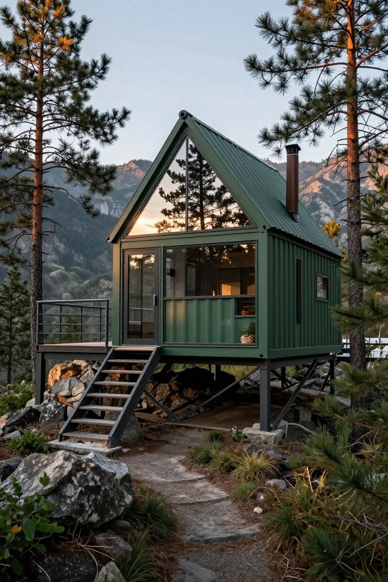 Green shipping container cabin elevated on black metal stilts above rocky ground, featuring a sloped metal roof, large triangular glass window, and stairs leading to a deck, surrounded by pine trees and mountains.