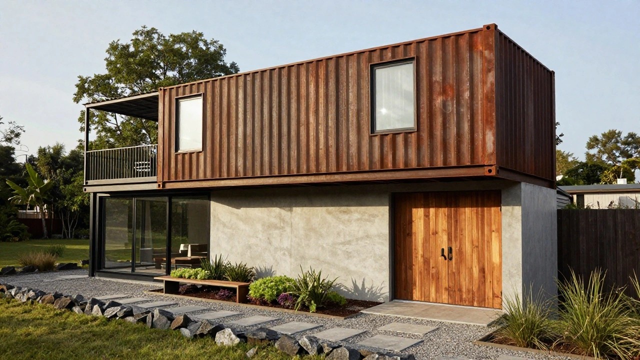 Two-story shipping container home with rusted corrugated metal upper walls, large reflective glass windows, overhanging wooden balcony with planter boxes, concrete ground level featuring sliding glass doors, wooden entry door, bench, and a curved stone path through grassy landscaping with ornamental grasses.