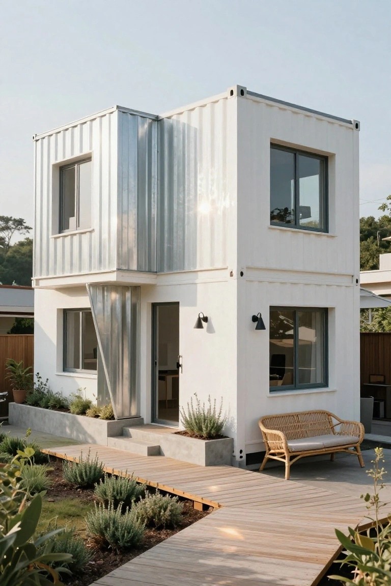 Two-story shipping container home exterior with silver corrugated metal walls on one side, white painted panels on the other, sliding glass entry door, wooden walkway, and low plants in the surrounding yard.
