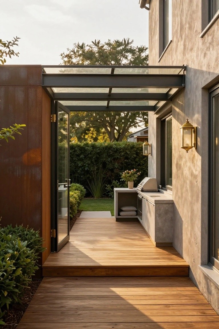 Side view of a beige stucco house with open black-framed glass doors under a corten steel-paneled glass-roofed canopy, leading to a wooden deck with concrete BBQ counter, plants, and garden hedge in the background.