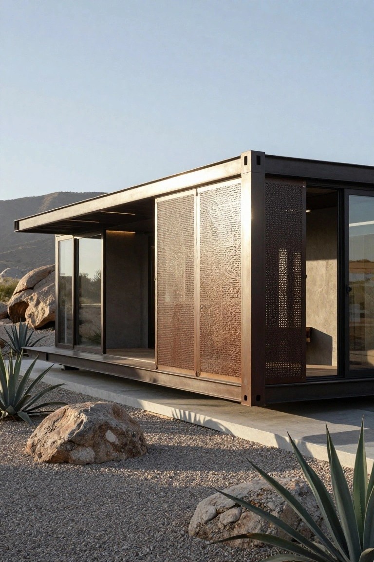 Exterior of a shipping container home elevated on piers with bronze perforated metal screens on the facade, sliding glass doors, desert gravel ground, agave plants, boulders, and rocky mountains in the background.