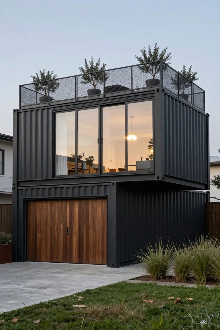 Black shipping container home stacked two levels high with wooden garage door on bottom, large glass sliding doors and windows on top level, metal-railed rooftop terrace with potted plants, driveway and grass landscaping in front.